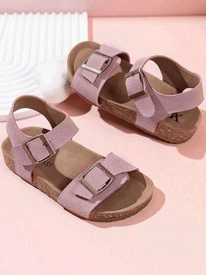 2025 New Bestselling Girls' Sandals, Featuring Matte Light Purple Upper And Metal Buckle Accents, Minimalist And Fashionable Style. Soft Cork Sole For Comfortable Wear. Suitable For Girls Aged 3-12 For Everyday Outings, Play, And Other Occasions. A Stylish And Casual Girls' Sandal.