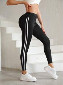 Quần legging yoga cạp cao kẻ sọc dành cho nữ - Quần tập co giãn, không xuyên thấu với chi tiết sọc bên hông, thiết kế đen trắng, hoàn hảo cho tập thể dục, phòng gym và trang phục thể thao mùa xuân. - màu đen - Xem 6