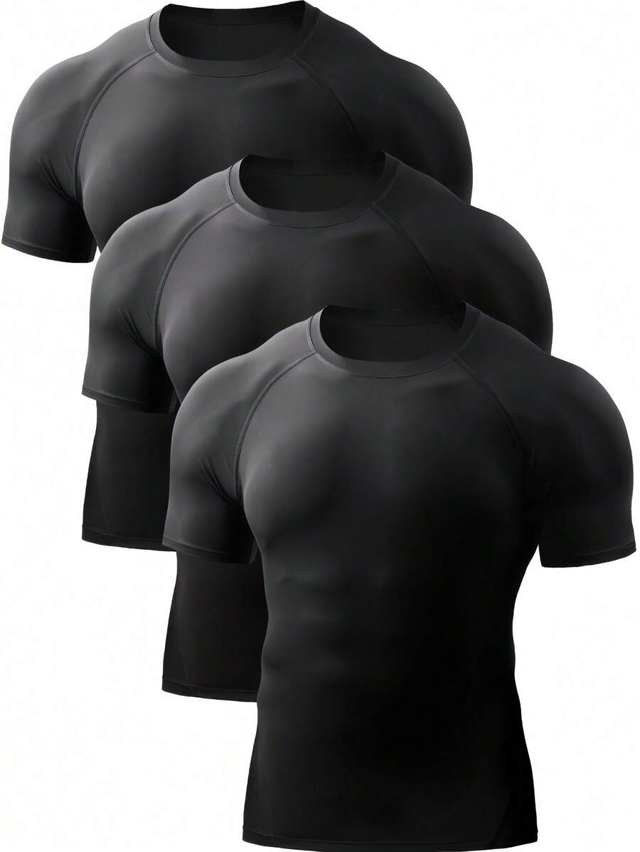 3pcs Men's Compression Base Layer Sports Fitness T-Shirts - Black - View 1
