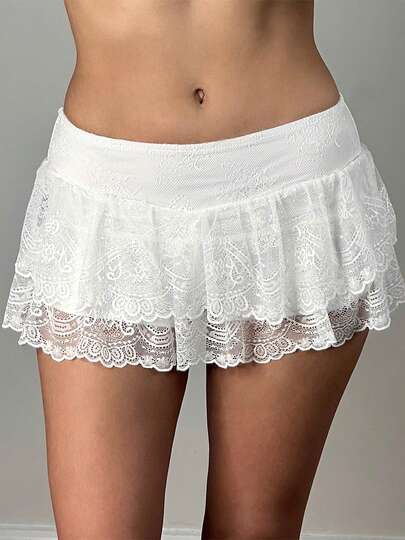 Y2K Women's Summer Casual Skirt Solid Color Low Waist Lace Ruffled Skirt With Lined Shorts