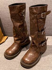Fall/Winter Multiple Strap Buckle Over-The-Knee Boots Women, Soft Leather Retro Brown Western Cowboy Boots, Chunky Heel High Shaft Riding Boots, Petite British Style High Heeled Slim Boots - Brown - View 8