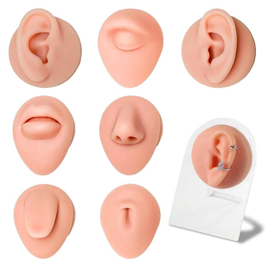 Soft Silicone Model Body Parts Display Set For Piericng - 7pcs Body Parts Model With Display Holder Silicone Ear Nose Belly Button Eye Mouth Tongue For Piercing Practice Tool Kit - Multicolor - View 1