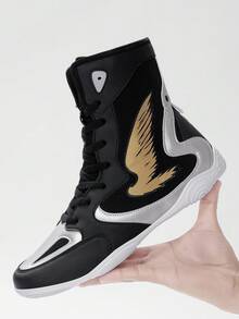 TACHUAN Men's Professional Wrestling Shoes, High-Top Boxing Shoes Training Boots Muay Thai Kickboxing Fitness Shoes - Black - View 4