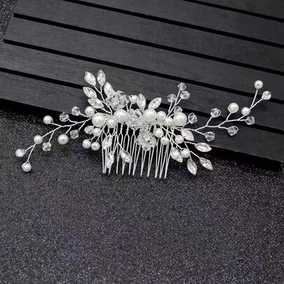 Elegant Handmade Faux Pearl Hair Comb With White Crystals, Perfect Hair Accessory For Party And Wedding Valentine's Day Accessories