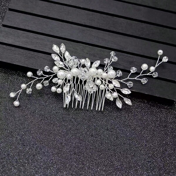 Elegant Handmade Faux Pearl Hair Comb With White Crystals, Perfect Hair Accessory For Party And Wedding