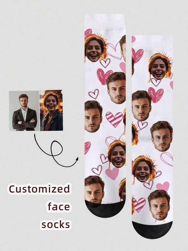 1 Pair Personalized Customized Face Photo Print Women's Mid-Calf Socks, Couples Can Customize Personalized Socks With Interesting Photos, Suitable For Valentine's Day, Birthday, And Other Occasions
