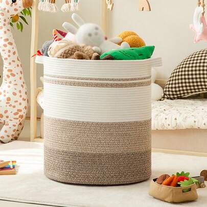 OYHOMO Large Laundry Basket, High Woven Rope Storage Basket, Suitable For Placing Blankets, Toys, Pillows, Dirty Clothes, Applicable To Living Room, Bathroom, Bedroom, Nursery - 60L, White And Brown