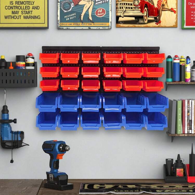 DIY Wall-Mounted Storage System With 30 Bins And 64x41cm Backboard For Tool Organization - Red+Blue - View 8