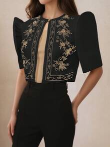 Modern Philippine Style Philippine Pattern Vintage Print Puff Sleeve Blouse, Spring/Summer - Black - View 1