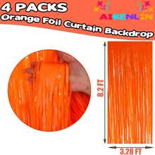 4片3.2英尺 x 8.2英尺橙色金属箔流苏帘背景，金属箔流苏丝带帘背景，适用于拍照亭、生日、婚礼、万圣节和圣诞节派对装饰 - 橘色 - 查看 2