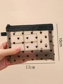 1 pieza Mini bolsa de maquillaje con forma de corazón y malla, estuche portátil multiuso transparente con felpa para lápices labiales