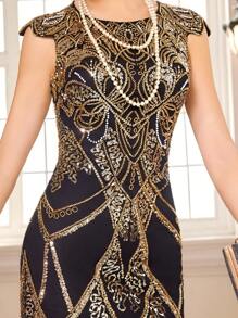 LVNES 1920s Vintage Gatsby Cocktail Dress, Elegant Beaded Embroidered Ball Dress