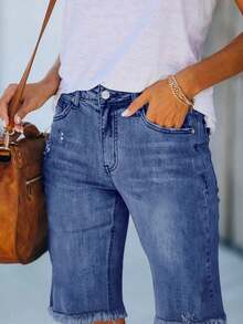 Necooer Women Jean Shorts Ripped Casual Summer Mid Waist Stretchy Five Points Denim Jean Shorts - 藍色 - 查看 2