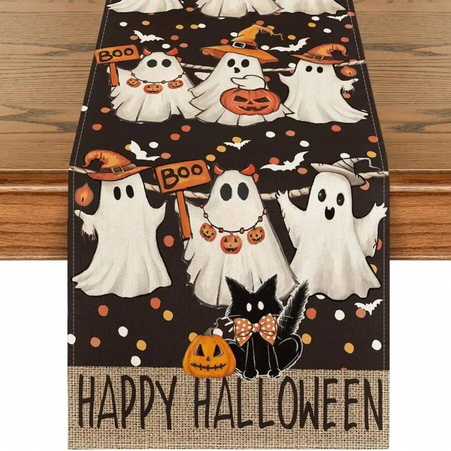 1 pieza Camino de mesa con fantasma negro y gato negro, decoración de mesa de Halloween con calabaza de puntos, bandera de gabinete de lino con diseño de dibujos animados lindos, adecuado para decoración de mesa de Halloween, fiestas, interiores/exteriores, regalo