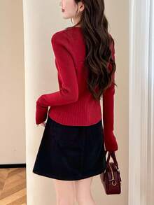 Alicedudu 女士甜辣风格修身针织开衫，秋冬 - 暗紅 - 查看 2