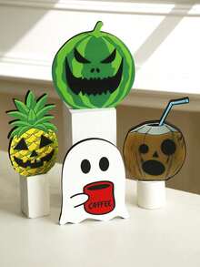1 件万圣节水果木制标牌，有趣的鬼魂西瓜菠萝椰子南瓜灯装饰，可爱的卡通咖啡鬼桌面装饰，适合秋季丰收派对家居展示 - 彩色 - 查看 10