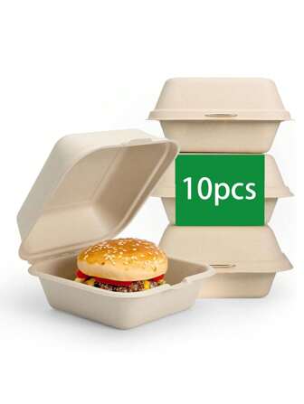 10 个汉堡盒，纸浆汉堡盒，可堆肥翻盖外卖食品容器，便当盒，蛋糕盒，即食盒，水果/沙拉盒，薯条盒，午餐盒，便携式午餐盒，包装盒，厨房用具，适合盛放汉堡、三明治、沙拉、水果、炸鸡、薯条、蛋糕等。