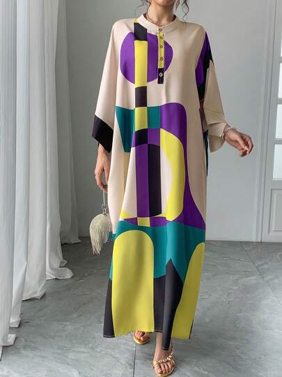 Vestido de mujer de estilo mundial, cuello redondo, abotonadura sencilla, estilo pullover, bloqueo de color, floral, manga 3/4, manga raglán, manga murciélago, rosa albaricoque, vestido holgado de longitud media para otoño/invierno, bata, vestido elegante y lujoso para vacaciones, ropa de mujer de Oriente Medio, vestido de estilo vacacional, estilo casual, vestido elegante para vacaciones, vestido de noche, ropa de playa