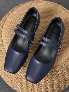 MonaNise Women's 3cm Cloth Heeled Black Fashion Versatile Navy Blue, Coffee, Burgundy Chunky Heel Mary Jane Shoes, All Season - Navy Blue - View 4