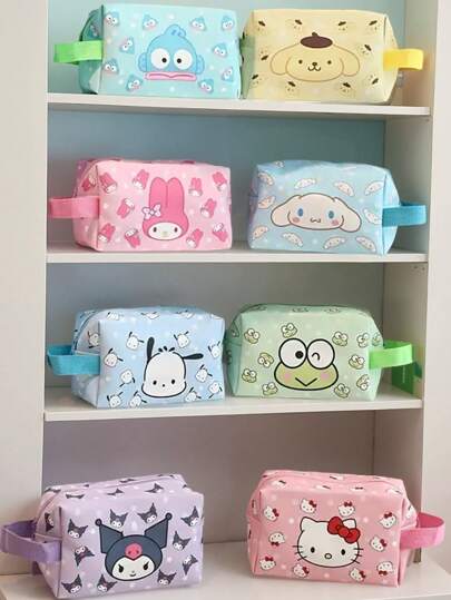 Sanrio 1pc Sanrio Cartoon Cute Makeup Bag, Makeup Bag, Large Capacity Toiletry Travel Storage Bag With Handle For Student Desk Storage - Cute Cartoon Design, Theme Storage Bag, Cartoon PU Leather Travel Makeup Bag, Girls Small Makeup Bag, Cute Waterproof Toiletry Bag With Carry-On Luggage,