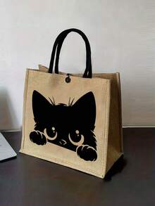 猫咪主题手提包套装：女士手提包套装，包括 1 个黑色卡通猫咪图案手提包和 1 个印有猫、鸟、波浪、花朵图案的小包/零钱包，适合海滩度假，时尚大容量化妆包，旅行化妆包。 - 卡其色 - 查看 9