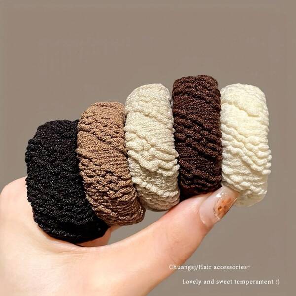 5-Piece Set Of Elegant Thick Elastic Hair Bands For Women - Durable High-End Ponytail Holders With Fringe Detail, 5 Mixed Colors (Beige/Black/Brown/White/Gray), Firm Hold Suitable For Exercise, Sleep, And Daily Styling, Simple Fashion Design | Soft Texture Hair Accessory