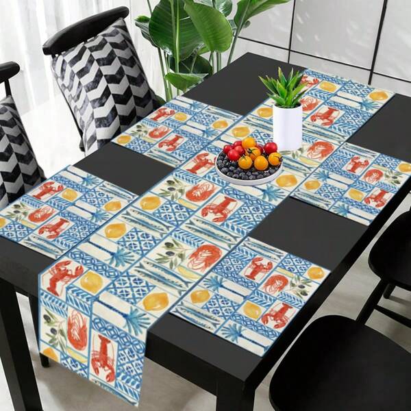 1pc Summer Lemon Table Runner Crawfish Italian Lemons Table Cover Italy Blue Tiles Lemon Mediterranean Positano Party Decor Cyan-Blue Farmhouse Crawfish Boil Party Supplies Lemon Decorations