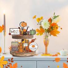 1/30 Juegos disponibles, 9 piezas/juego Decoraciones de sobremesa Decoraciones de otoño con tema de granja de la cosecha de calabazas rústicas de madera 2D para el Día de Acción de Gracias, decoración del hogar (sin bandeja) - Multicolor - Ver 3