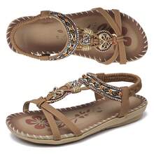 Women Sandals Floral Print Elastic Strap Lightweight Beach Shoes - Dark Brown - View 7