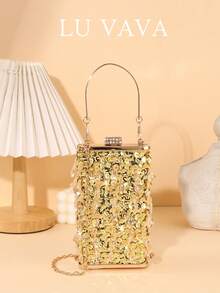 LU VAVA 水晶流苏亮片晚装手拿包 - 可拆卸链条和顶部手柄闪亮包，适合伴娘派对，香槟金色亮片婚礼钱包