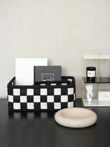 1pc Elegant Black & White Checkerboard Cosmetic Storage Box Dresser Desktop Organizer For Skin Care, Sundries & More - Space-Saving, Folding,Rectangular Design For Clothes & Toy Storage