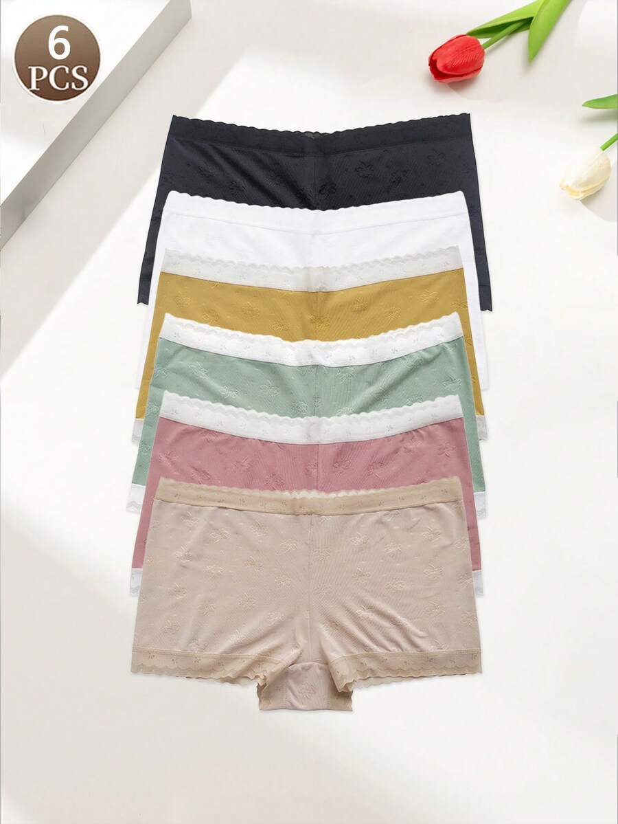 6条装女式休闲裤简约舒适平角裤极简运动中腰纯色提花柔软女式四角裤平角裤