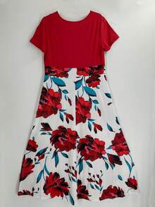 Plus Size Women's Dress Flower Print Short Sleeve Dress Daily Seasons - 紅色 - 查看 2