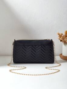 2 Pieces Set Women Quilted Shoulder Bag & Small Square Crossbody Bag - Black - View 3