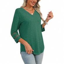 XIEERDUO 3/4 Length Sleeve Womens Tops Dressy Casual Blouses For Women 2025  V Neck T Shirts Summer Clothes - 綠色 - 查看 4