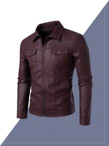 真正的男士皮夹克 做旧复古翻领男士皮夹克 修身短款男士皮夹克，羊毛 - 棕色 - 查看 3