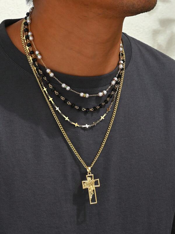 4-Piece Palace Style Faux Pearl+Colored Beads+Cross Pendant Men's Layered Necklace Set,Men's Multi Element Mixed Cross Necklace Set