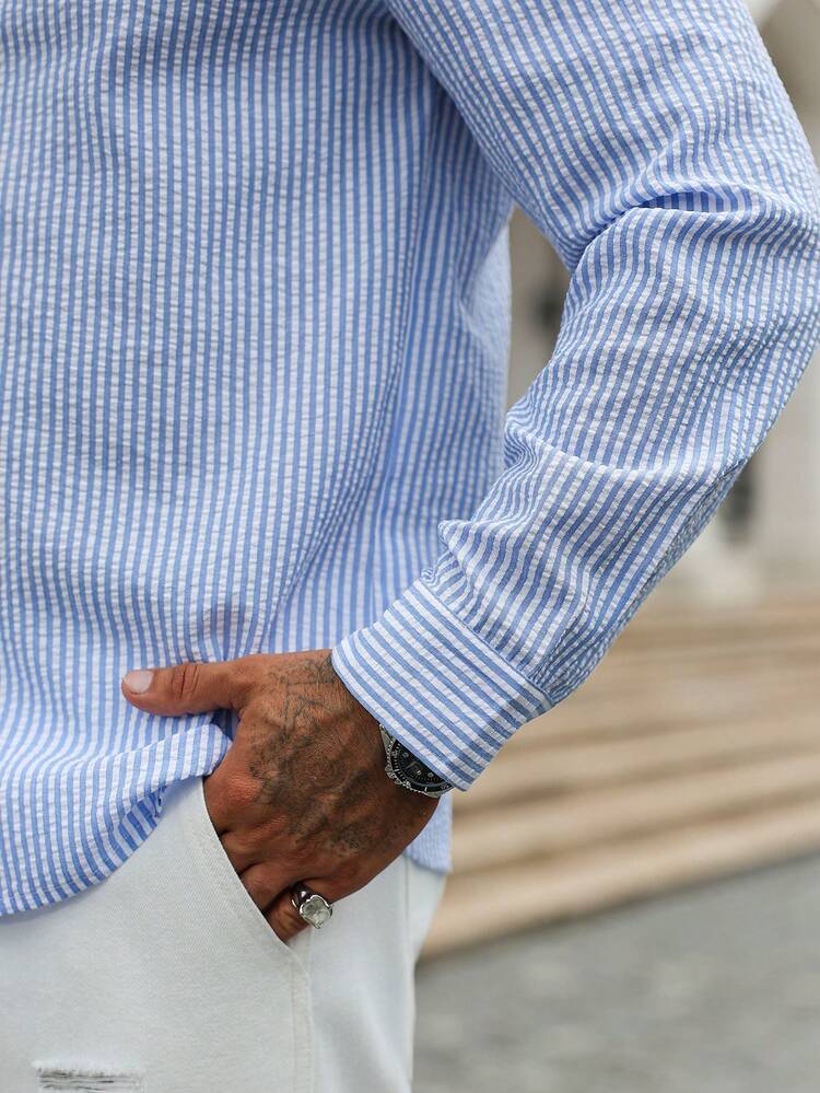 Plus Size Men's Casual Simple Fashion Striped Long Sleeve Button Down Collar Shirt, Comfortable Shirt For Spring And Autumn, Essential Casual Commuting Wear, Minimalist Style Top, Fall - Baby Blue - View 6