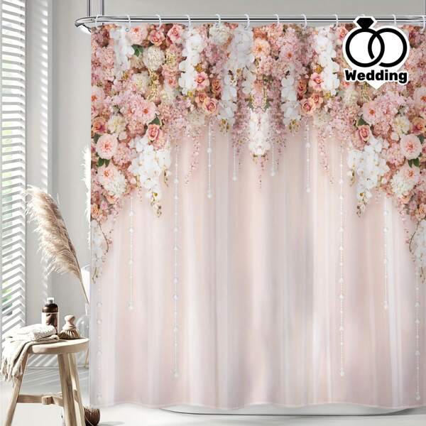 1/4pcs - Bridal Floral Elegant Bathroom Set, Wedding Flower Pink Rose Ladies Natural Floral Art Printed 12 Hooks Waterproof Shower Curtain, Non-Slip Bath Mat, Toilet U-Shape Cover, Cover, Home Decor Gift Back To School