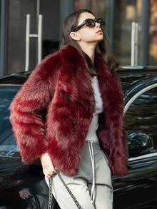 HH 女式仿皮草夹克优雅纯色翻领长袖外套休闲宽松女式冬季超大码淑女时尚街头风夹克 - 酒紅色 - 查看 2