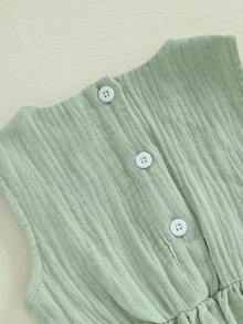 Toddler Baby Girl Summer Outfit Sleeveless Round Neck Bows Ruffle Tank Tops Shirts Elastic Waist Ruffled Short Set Linen Outfit - Green - View 6