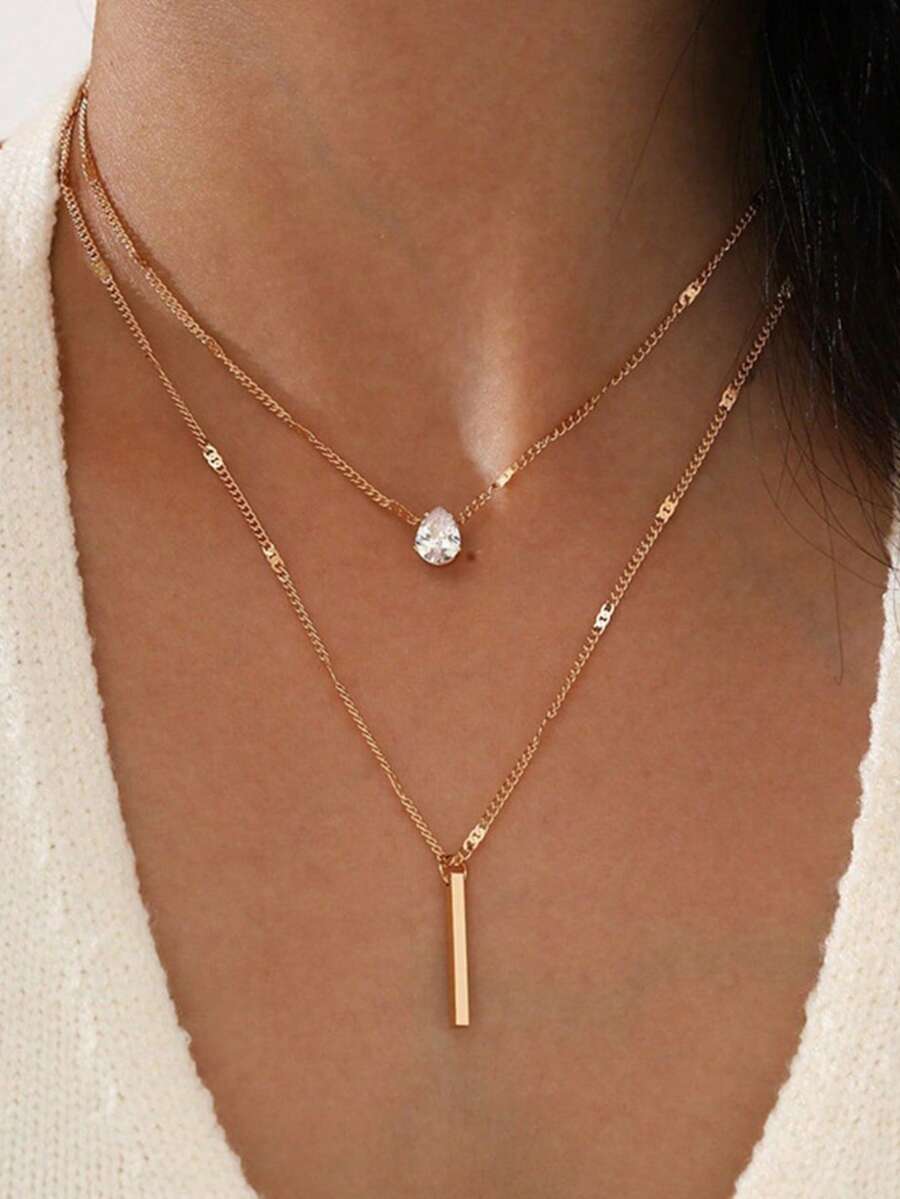 2pcs Fashionable Crystal Water Drop Multilayer Necklace For Women - Yellow Gold - View 1