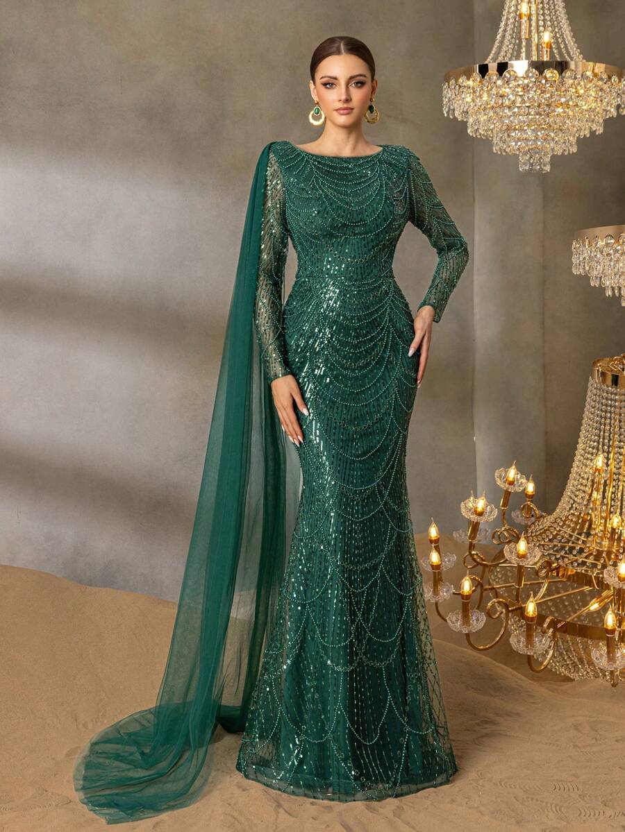 Faeriesty 优雅长袖串珠晚礼服，女士款——薄纱垂褶袖，亮片点缀的美人鱼廓形，修身喇叭裙摆，适合奢华婚礼、红毯盛典、正式晚宴及春假派对等场合。