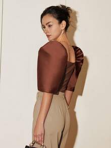 Women's Spring/Autumn Solid Color Petal Sleeve Stand Collar Square Neck Elegant Blouse Cropped Top - Coffee Brown - View 2