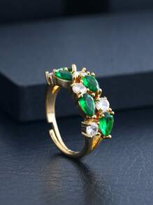 1pc Copper Micro-Inlay Multi-Teardrop Cubic Zirconia Adjustable Open Ring, Minimalist Style Suitable For Daily Wear For Women