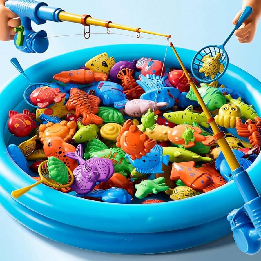 Magnetic Fishing Game Toys For Kids Toddlers 3-5 4-8, Water Table Bathtub Toys With Pole Rod Net Plastic Floating Fish, Water Bath Pool Outdoor Toys For Kids Toddlers Baby Age 3 4 5 6 7 8 Year Old
