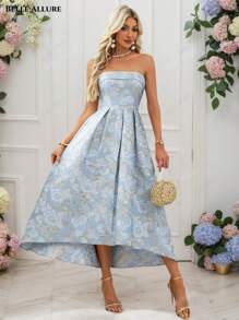 Women's Luxurious Metallic Gold Floral Jacquard Strapless Party Dress, Elegant Formal Evening Gown Suitable For Weddings, Graduations, Parties, With Detachable Transparent Shoulder Strap