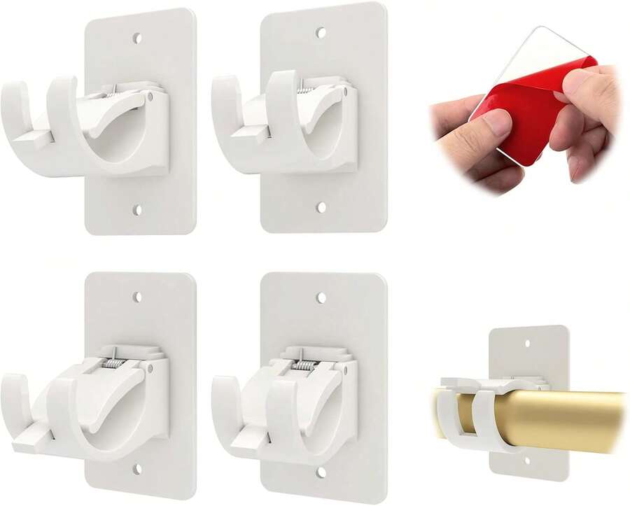 4PCS No Drill Curtain Rod Brackets, Self-Adhesive Curtain Rods No Drilling, Nail Free Adjustable Curtain Rod Holders, Curtain Hooks For Rod Less Than 1.57 Inch Diameter (White) - trắng - Xem 1