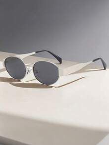 1 件椭圆形金属框时尚眼镜，时尚独立风格眼镜，适合日常通勤、海滩、街头摄影，适合夏季海滩度假、户外、旅行 - 金框灰片 - 查看 13