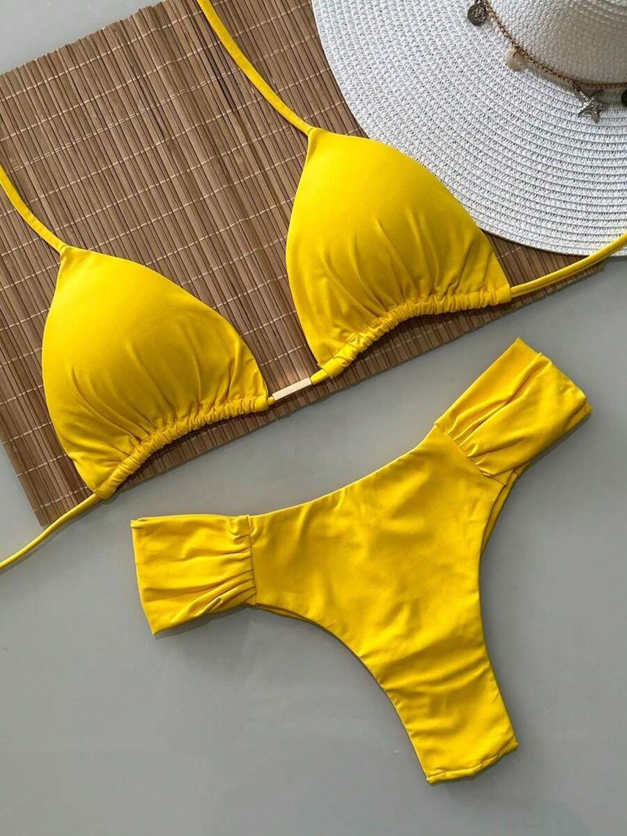 Triangle Bikini With Double Butterfly String Panties In Various Colors - Camaro amarillo - Ver 1